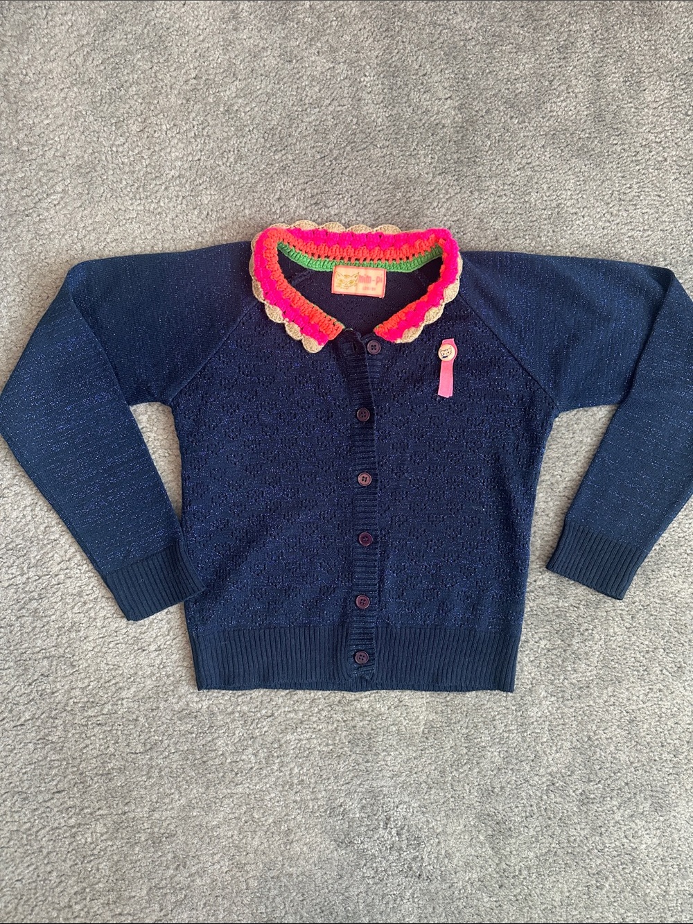 Super cute!  Mim-Pi Navy Blue Knit Cardigan with Multi-colored Crocheted Collar